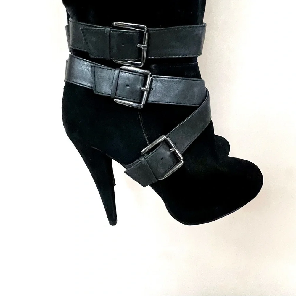 ALDO black suede knee strappy buckle heel boots women size 36